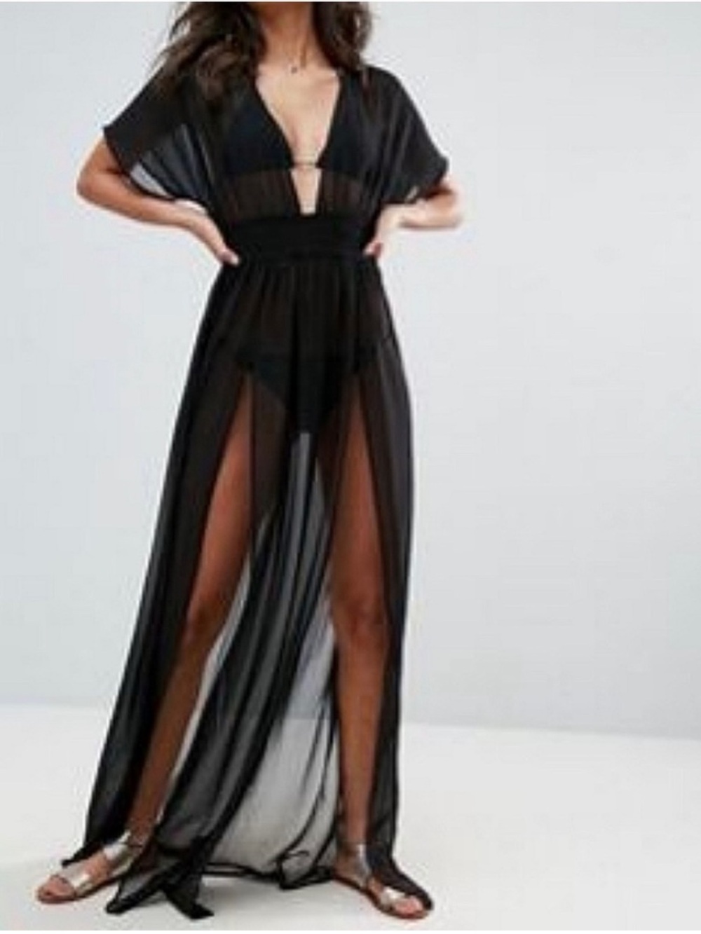 ASOS Black Sheer Maxi Swim Cover-Up with Deep V